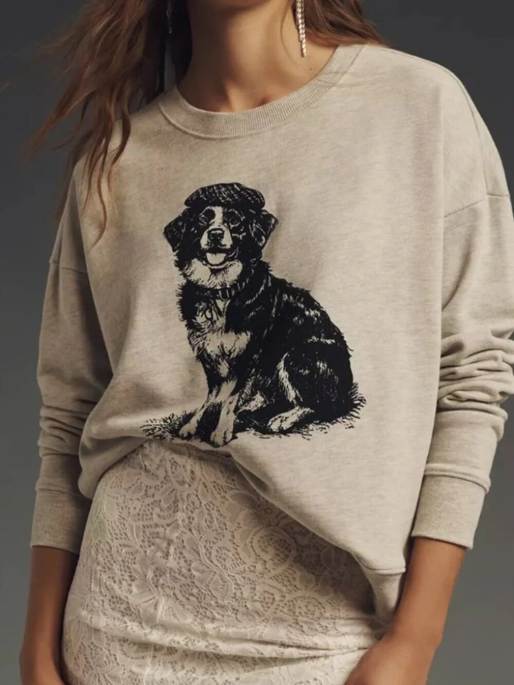 Anthropologie Beige Sweatshirt with Black Dog Graphic